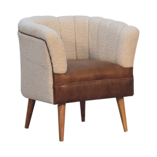 Mango Wood Frame Armchair with Buffalo Leather and Bouclé Upholstery