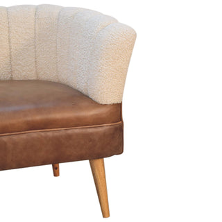 Mango Wood Frame Armchair with Buffalo Leather and Bouclé Upholstery