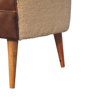 Mango Wood Frame Armchair with Buffalo Leather and Bouclé Upholstery