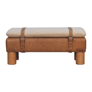 Strapped Bouclé and Buffalo Hide Leather Bench