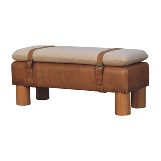 Strapped Bouclé and Buffalo Hide Leather Bench