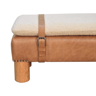 Strapped Bouclé and Buffalo Hide Leather Bench