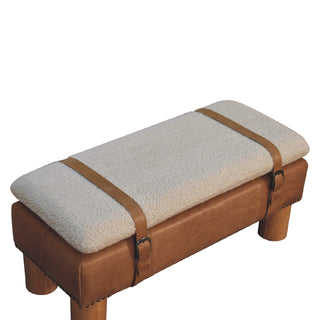Strapped Bouclé and Buffalo Hide Leather Bench