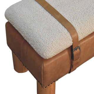 Strapped Bouclé and Buffalo Hide Leather Bench