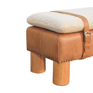 Strapped Bouclé and Buffalo Hide Leather Bench