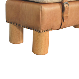 Strapped Bouclé and Buffalo Hide Leather Bench