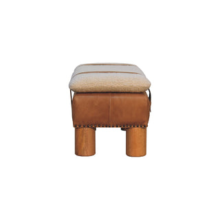 Strapped Bouclé and Buffalo Hide Leather Bench