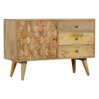 Pineapple Carved Mango Wood Sideboard, Oak Finish