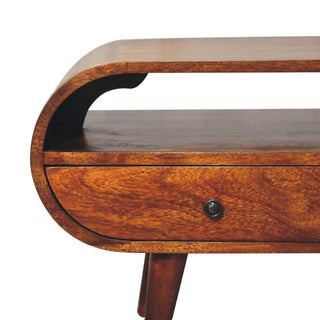 Circular TV Stand in Mango Wood with 2 Drawers and 1 Shelf, Chestnut Finish