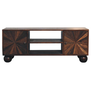 Sunrise Carved Media Unit, Mango Wood in Walnut Finish
