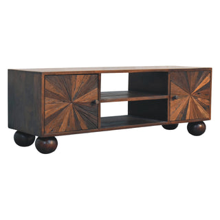 Sunrise Carved Media Unit, Mango Wood in Walnut Finish