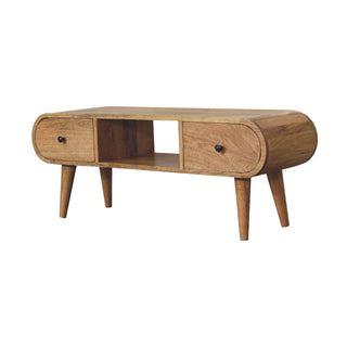 Circular Media Unit in Mango Wood – 2 Drawers, 1 Shelf, Oak Finish