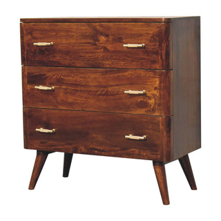 Mango Wood T-Bar Handles 3-Drawer Chest, Chestnut Finish