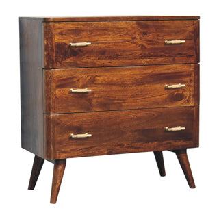 Mango Wood T-Bar Handles 3-Drawer Chest, Chestnut Finish