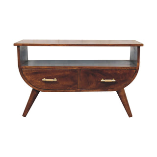 Mango Wood Coffee Table with 2 Drawers and T-Bar Handles, Chestnut Finish