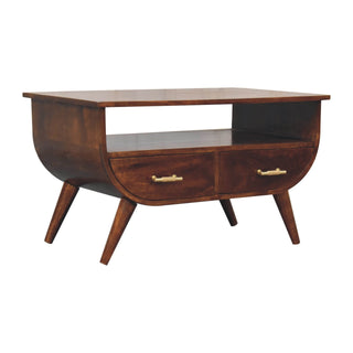 Mango Wood Coffee Table with 2 Drawers and T-Bar Handles, Chestnut Finish