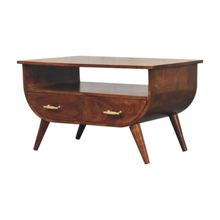Mango Wood Coffee Table with 2 Drawers and T-Bar Handles, Chestnut Finish