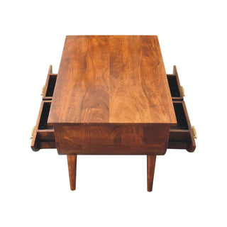 Mango Wood Coffee Table with 2 Drawers and T-Bar Handles, Chestnut Finish