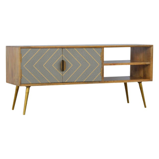 Mango Wood TV Stand, Cement & Brass Inlay Finish
