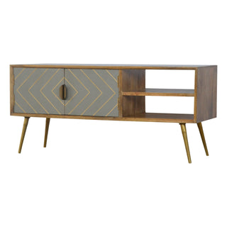 Mango Wood TV Stand, Cement & Brass Inlay Finish