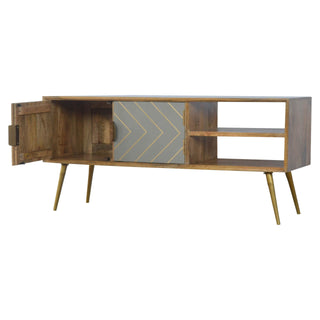 Mango Wood TV Stand, Cement & Brass Inlay Finish