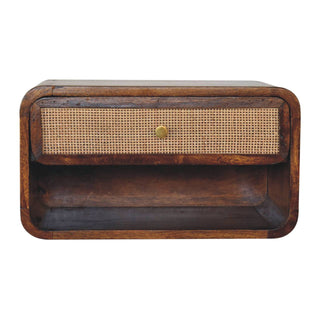 1-Drawer, 1-Shelf Rattan and Mango Wood Bedside Table, Chestnut Finish