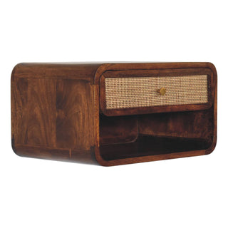 1-Drawer, 1-Shelf Rattan and Mango Wood Bedside Table, Chestnut Finish