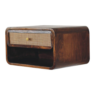 1-Drawer, 1-Shelf Rattan and Mango Wood Bedside Table, Chestnut Finish