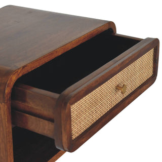 1-Drawer, 1-Shelf Rattan and Mango Wood Bedside Table, Chestnut Finish