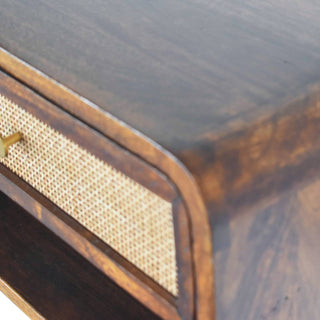 1-Drawer, 1-Shelf Rattan and Mango Wood Bedside Table, Chestnut Finish