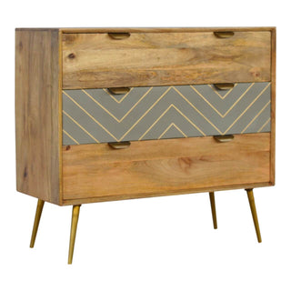 Mango Wood 3-Drawer Chest with Cement and Brass Inlay, Chestnut Finish