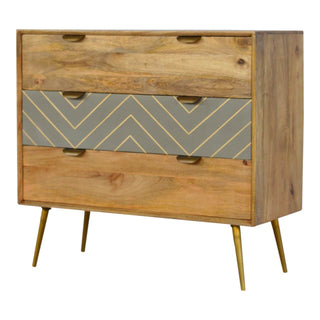 Mango Wood 3-Drawer Chest with Cement and Brass Inlay, Chestnut Finish