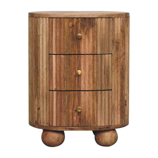 Nordic Round Mango Wood Bedside Table with 3 Drawers