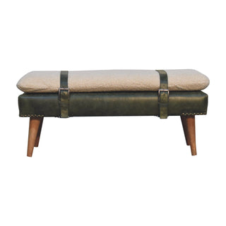 Mango Wood Bench with Bouclé and Buffalo Hide Leather Upholstery, Olive Green