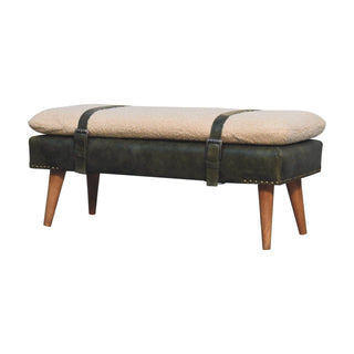 Mango Wood Bench with Bouclé and Buffalo Hide Leather Upholstery, Olive Green