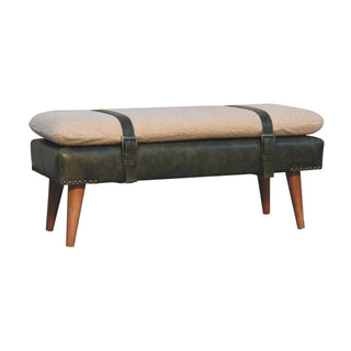 Mango Wood Bench with Bouclé and Buffalo Hide Leather Upholstery, Olive Green