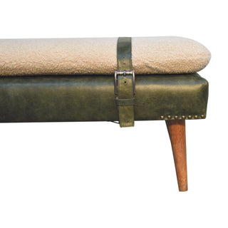 Mango Wood Bench with Bouclé and Buffalo Hide Leather Upholstery, Olive Green