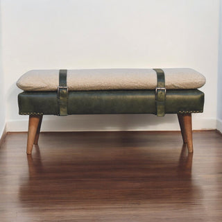 Mango Wood Bench with Bouclé and Buffalo Hide Leather Upholstery, Olive Green