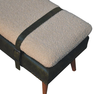 Mango Wood Bench with Bouclé and Buffalo Hide Leather Upholstery, Olive Green