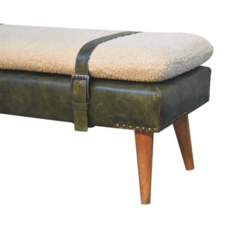 Mango Wood Bench with Bouclé and Buffalo Hide Leather Upholstery, Olive Green
