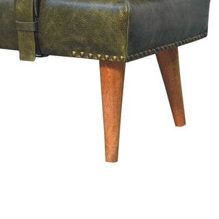 Mango Wood Bench with Bouclé and Buffalo Hide Leather Upholstery, Olive Green