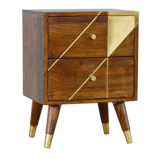Mango Wood Bedside Table - Brass Inlay Design, Chestnut Finish
