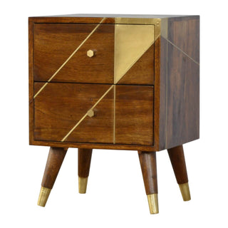 Mango Wood Bedside Table - Brass Inlay Design, Chestnut Finish
