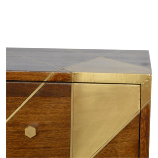 Mango Wood Bedside Table - Brass Inlay Design, Chestnut Finish