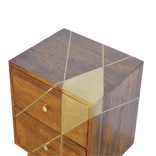 Mango Wood Bedside Table - Brass Inlay Design, Chestnut Finish