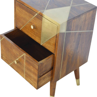 Mango Wood Bedside Table - Brass Inlay Design, Chestnut Finish