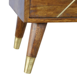 Mango Wood Bedside Table - Brass Inlay Design, Chestnut Finish
