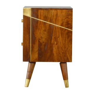 Mango Wood Bedside Table - Brass Inlay Design, Chestnut Finish