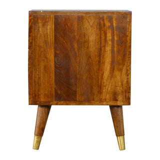 Mango Wood Bedside Table - Brass Inlay Design, Chestnut Finish