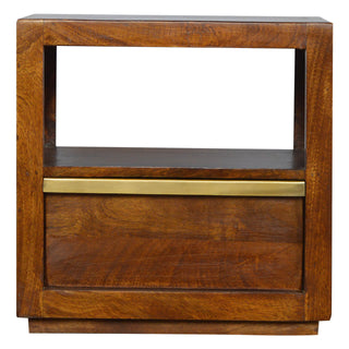 Mango Wood Bedside Table with Brass Plated Accents, Chestnut Finish